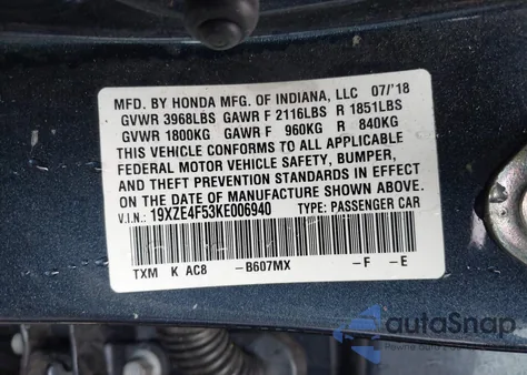 2019 Honda Insight Ex из США, поврежденный, VIN 19XZE4F53KE006940